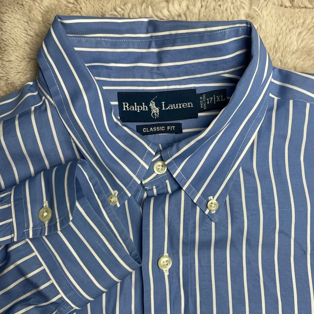 Ralph‎ Lauren Mens Classic Fit Striped Button Down Shirt Blue White XL 17 34/35